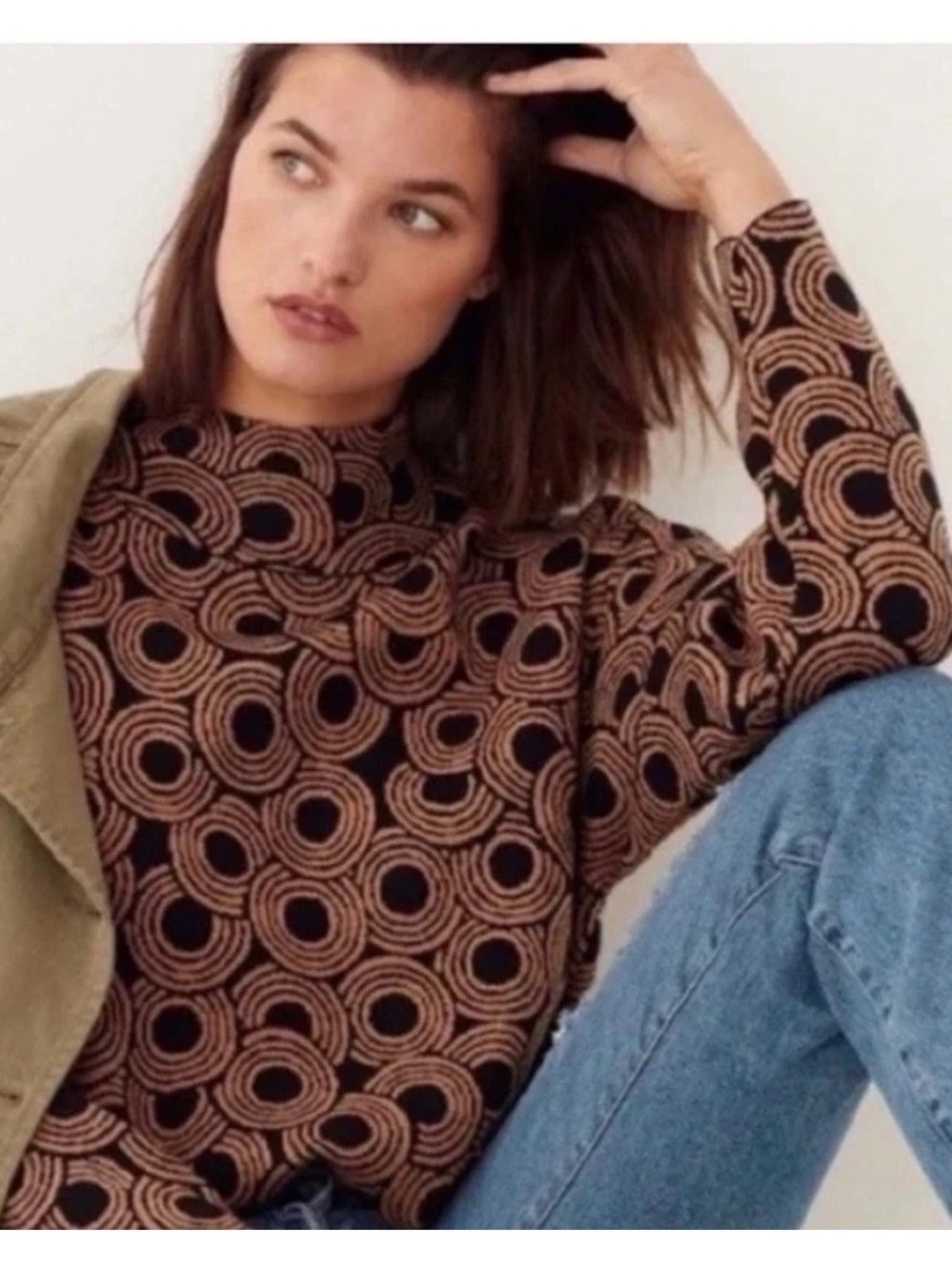 Maeve Carys Mock Sweater Brown and Black Circle Print
